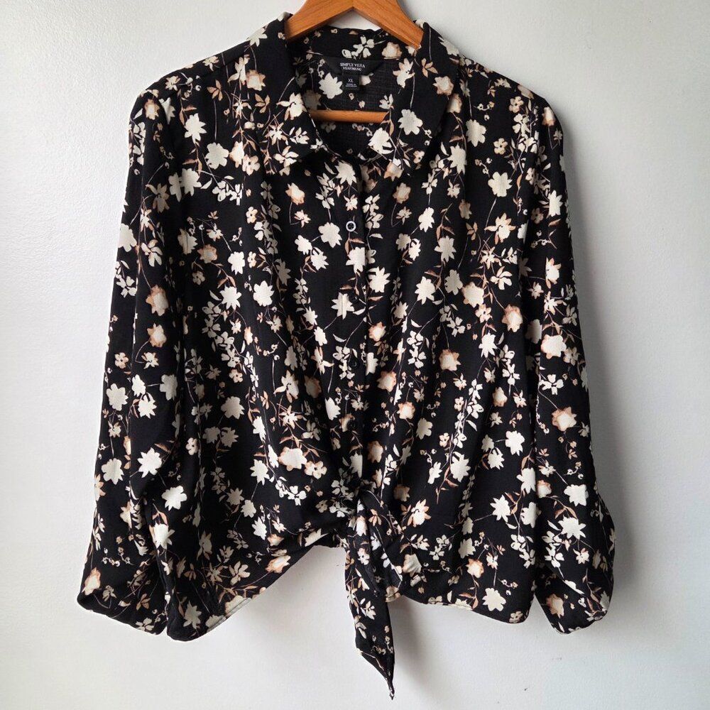 EUC SIMPLY VERA WANG FLORAL BUTTON DOWN SHIRT WITH TIE /ELASTIC WAIST SIZE XL